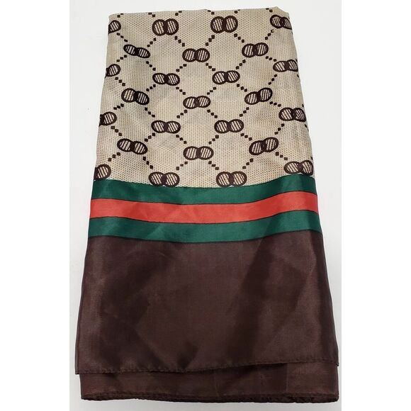 VTG Scarf Geometric 27" Square Brown/Red/Green/Tan Bordered Tennis Taiwan Nylon - Picture 3 of 6